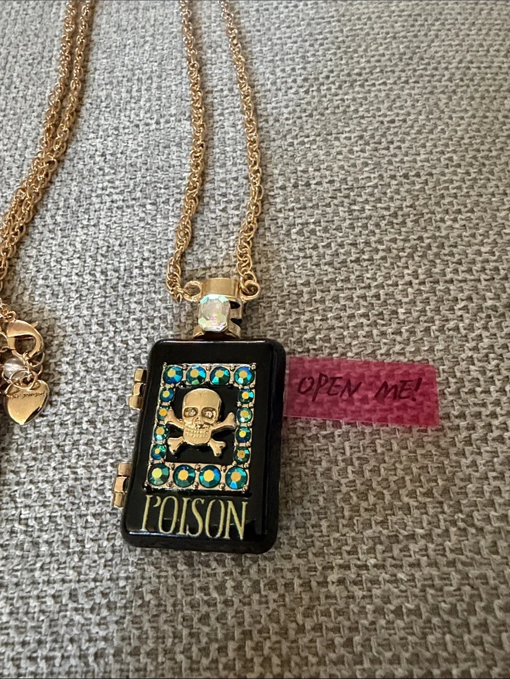Betsey Johnson Black & Gold Poison Skull Locket Necklace with Teal Accents